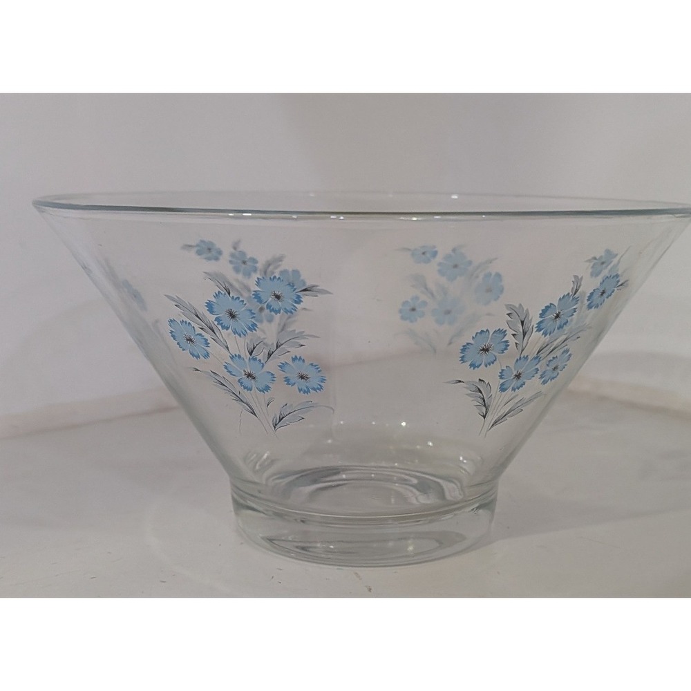 60's Culver Glass Serving Bowl Blue Floral Cornflower Pattern 11 Inch Large